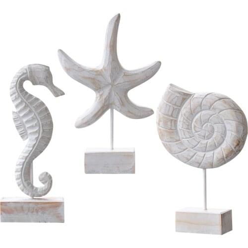 Mediterranean Style Wood Carving Marine Home Decor Wood Crafts Sea Star Conch Hippocampus Furniture Desktop charmingly