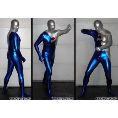 Blue and Silver Shiny Metallic Pepsiman Cosplay Costume Zentai Party Bodysuit Halloween Suit