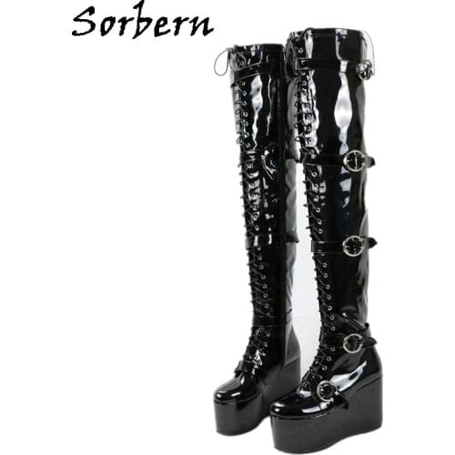 Sorbern Thigh High Chunky Buckle Boot Wedges Platform High Heels 5 Inch Round Toe Custom Drag Queen Crossdresser Boots Cosplay