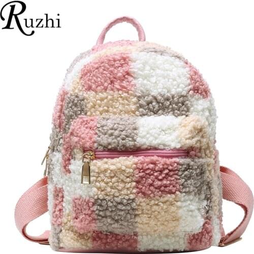 Latticed Faux Fur Shoulders Bag Color Contrast Plush Women Backpack Cute Furry Women Bag NEW Winter Bags For Women 2020 Mini Bag