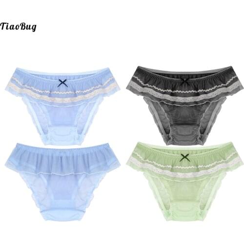TiaoBug Man Pure Color Sissy Gay Crossdress Cosplay Briefs See-Through Mesh Elastic Waistband Ruffle Trim Cute Briefs Underwear