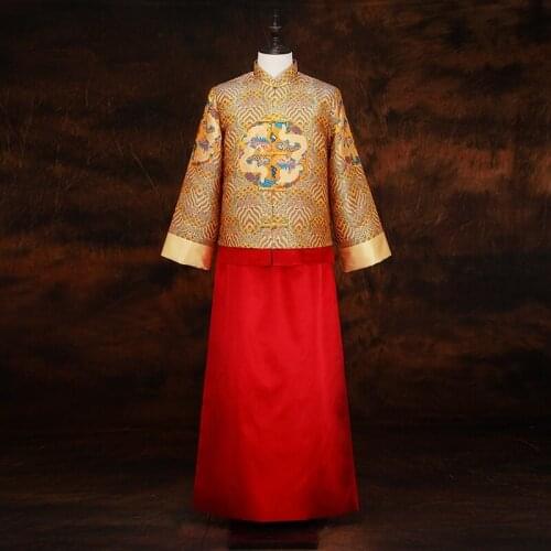 Groom Dragon Phoenix Embroidery Chinese Traditional Wedding Long Gown Robe Vintage Clothing Elegant Oriental Tang Suits KK3296