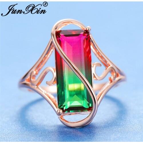 Unique Female Rainbow Fire Crystal Rectangle Ring Rose Gold Gradient Pink Green Blue Stone Big Wedding Rings For Women Jewelry