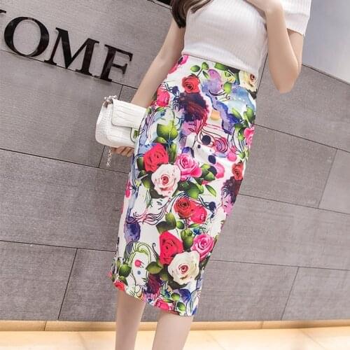Fashion Women Elastic High Waist Pencil Skirts Midi Skirt Women Printed Women Floral Print Midi Skirt Knee-Length Empire skirt