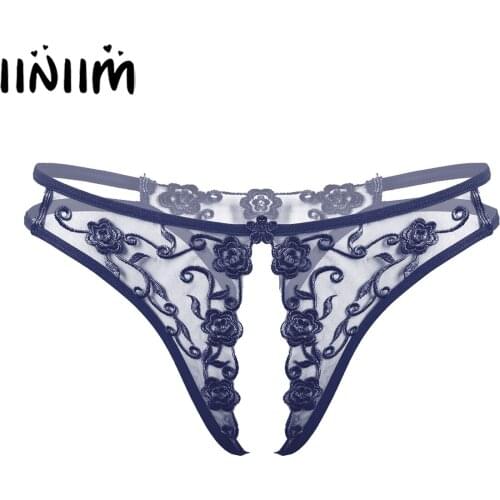 Womens Lady Flower Embroidery Crotchless Sissy Briefs Thongs Lingerie Panties Low Waist See-through Exotic Underwear Underpants