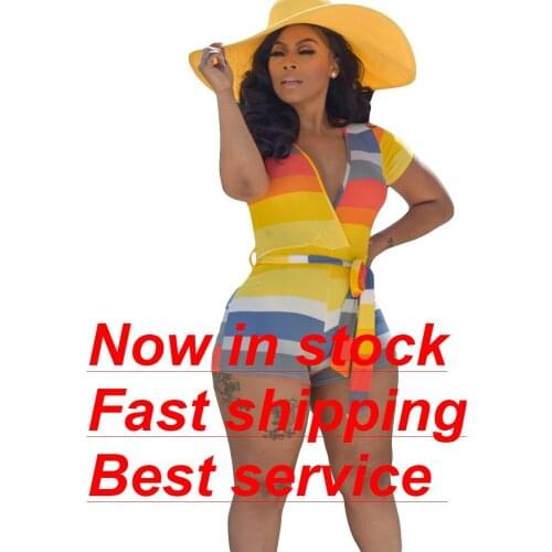 Womens Short Sleeve Rainbow Striped Bodycon Bodysuit Sleeve Rainbow Striped Bodysuit Deep V-Neck Waist Belt Short Jumpsuit