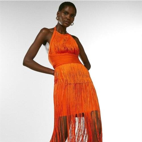 New Arrivals Fringe Maxi Bandage Dress Orange Sleeveless Backless Sexy Halter Dresses Vestidos Summer Fashion Tassel Women 2021