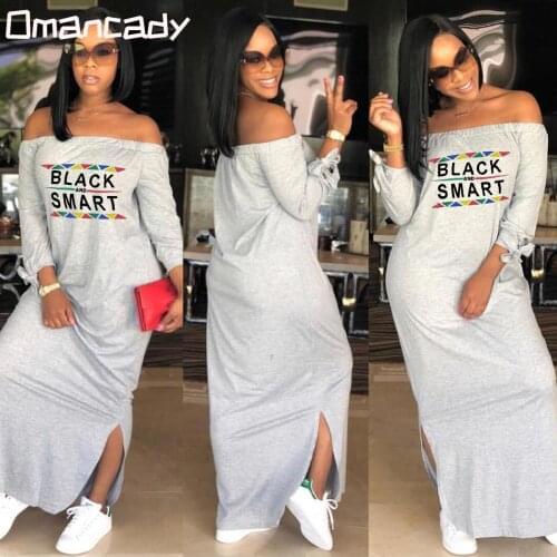 Omancady Sexy One Word Collar Ladies Solid Letter Print Long Dress Home Casual Streetwear Loose Plus Size Split Fork Maxi Dress
