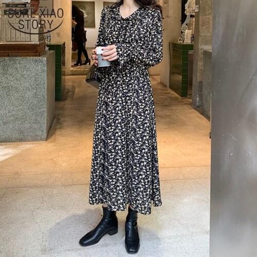 Midi Party Dresses V Collar Vestidos Vintage Dress Spring Elegant Base Floral Print Long Flare Sleeve Women Clothing 8758 50