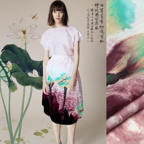 140*140cm 15.5mm 30% silk 70% linen brown and blue lotus print summer fabric a little transparent and hard fabric D066