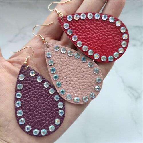 2020 new row crystal AB color Water drop litchi grain leather drop earrings for women