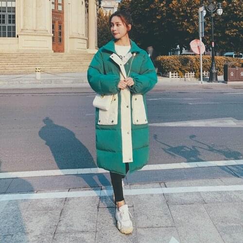 2021New Women Coat Winter Jacket Long Warm Big Pocket Contrast Cotton Padded Loose Women Thickened Knee Quilted Jacket C31