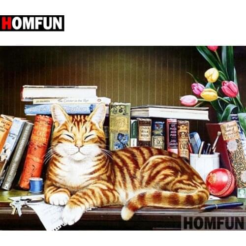 HOMFUN Full Square/Round Drill 5D DIY Diamond Painting "Animal cat book" Embroidery Cross Stitch 5D Home Decor Gift A18078