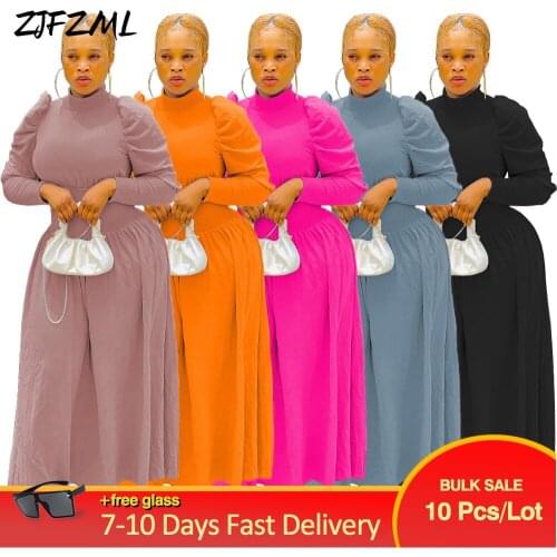 Bulk Items Wholesale Lots Womens Maxi Dresses Office Lady High Necked Full Puff Sleeve Party Dress Retro Fit and Flare Robe