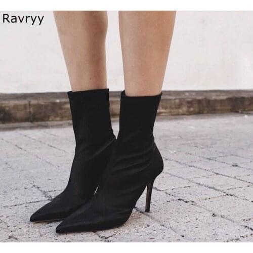 2018 Spring Newest fashion elastic ankle boots thin heel slip-on woman black short boots pointed toe female shoes concise style