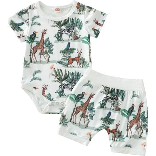 Top Summer Fashion Newborn Baby Boys 2Pcs Summer Outfits Short Sleeve T-Shirt Top Romper Shorts Set Toddler Animal Print Clothes