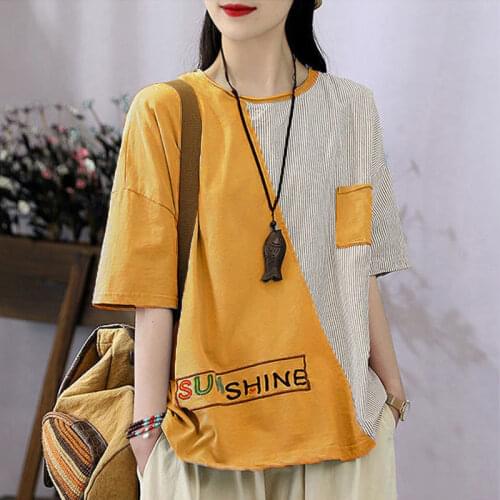 Pure Cotton Embroidery Short-Sleeved T-shirt Womens Summer New Stripe Stitching Embroidery T-shirt Top