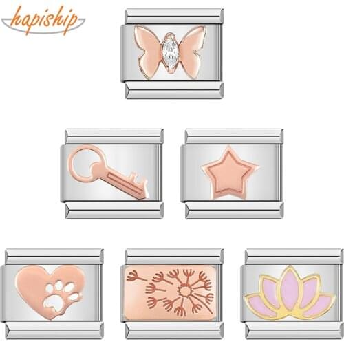 Hapiship 2021 Fashion Rose Star Butterfly Flower Heart Key Italian Charm Fit 9mm Bracelet Stainless Steel Jewelry Making DJ274