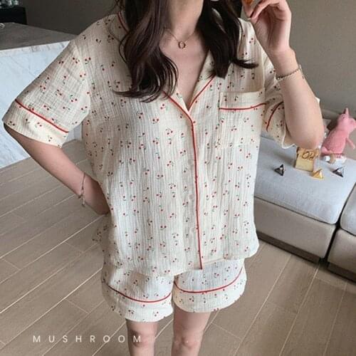 QWEEK Cotton Suits with Shorts Girl Korean Womens Pajamas Summer 2021 Pyjama Cherry Print Pijama Short Sleeve Sleepwear Nightie