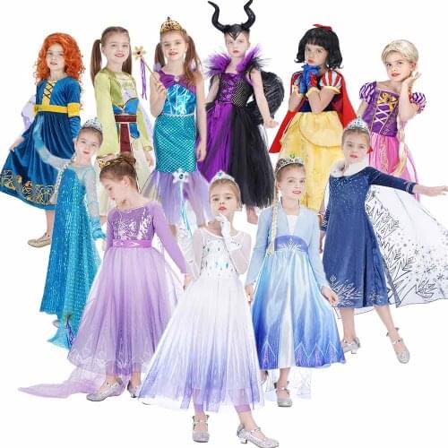 Princess Cosplay Dress for Girls Halloween Costumes Fancy Elsa Sleeping Beauty Party Vestidos Kids Belle Jasine Snow White Gown