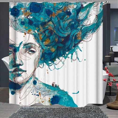 Beautiful Girls Face Shower Curtain Long Blue Hair Artistic Sexy Lady Beauty Fashion Bathroom Decor