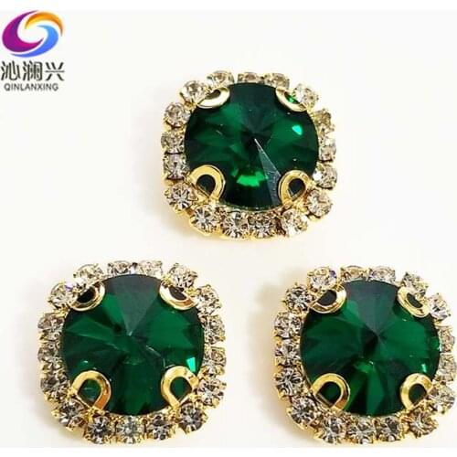 Malachite green Round shape top glass crystal rhinestones with hole,golden bottom sew on stone Diy Clothing accessories