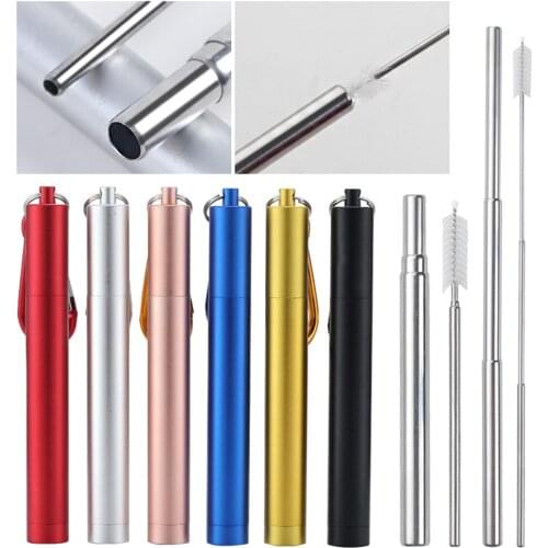 Reusable 304 Stainless Steel Straws with Metal Case Portable Telescopic Drinking Straws and Cleaning Brush with Keychain