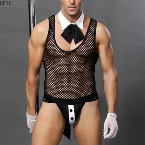 Mens Lingerie Butler Waiter Suit Fishnet Mesh Top Jockstrap Open Butt G String Thong Erotic Gay Underwear Sexy Costumes