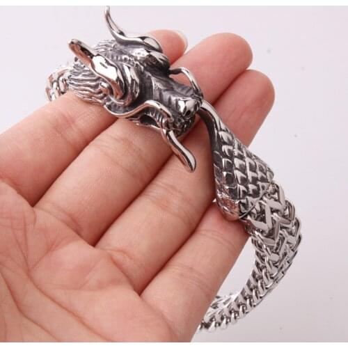 12mm Hot Sale Stainless Steel Silver Color 3D Dragon Head Figaro Chain Cuff Bangle Mens Boys Casting Bracelets Jewelry Xmas Gift