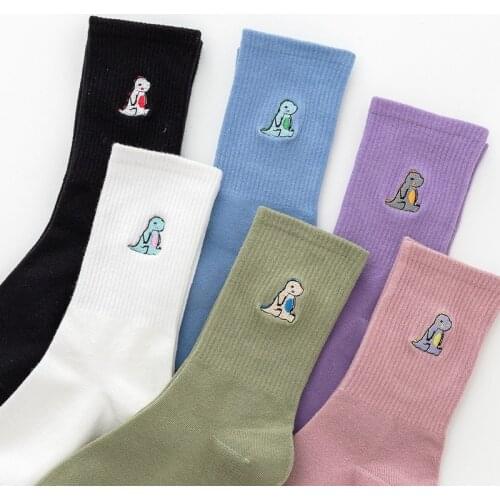Cartoon Embroidery Dinosaur Animal Printed Socks Women Korean Style Harajuku Kawaii Cute Funny Socks calcetines de la mujer