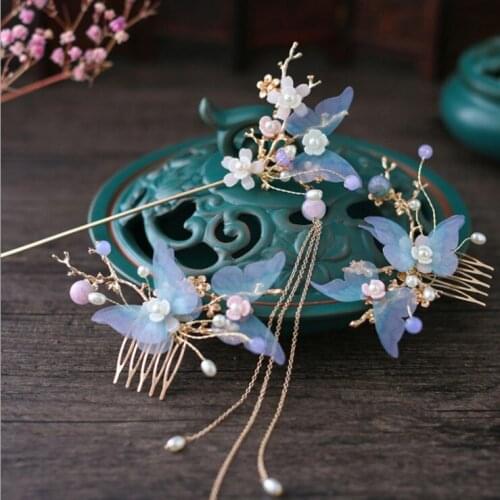 New Chinese Classical Handmade Hair Accessories butterfly Step shake Tassel Hanfu Hair Crown Headdress Hairpin Hair comb Cosplay