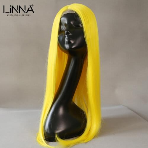 LINNA Synthetic Lace Wig For Women Long Straight Yellow Color Cosplay Wig 26 Inch High Temperature Fiber Wigs Middle Part Lace