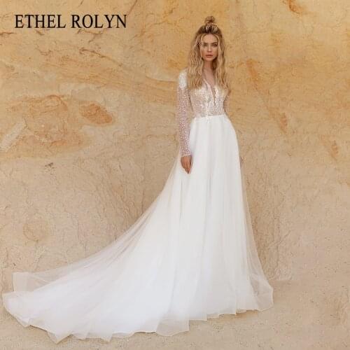 ETHEL ROLYN A-Line Wedding Dress 2021 Classy V-Neck Long Sleeve Bride Delicate Beaded Lace Button Court Train Flowy Bridal Gown