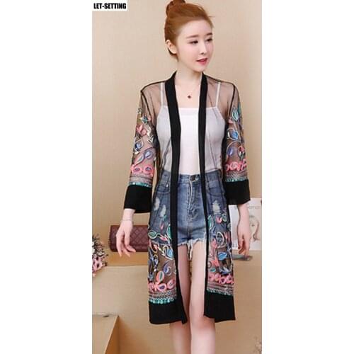 Mesh floral embroidery casual vintage beach long clothing female beauty soft wild net cardigan long-sleeved thin coat S-XL