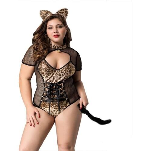 Plus Size Sexy Cat Women Costumes Uniform Outfit Mesh Leopard Bodysuit With Tail Head Band