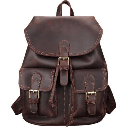 Crazy Horse Cowhide First Layer Knapsack Male 14 inch Laptop Bag School Bags Retro Genuine Leather Rucksack Women Men Backpacks