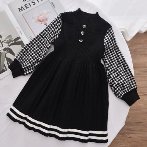 Baby Girls Elegant Knitted Dresses 2021 Winter Girls Plaid Sleeve Cute Costume Knitwear Vestidos Children Soft Cotton Clothes