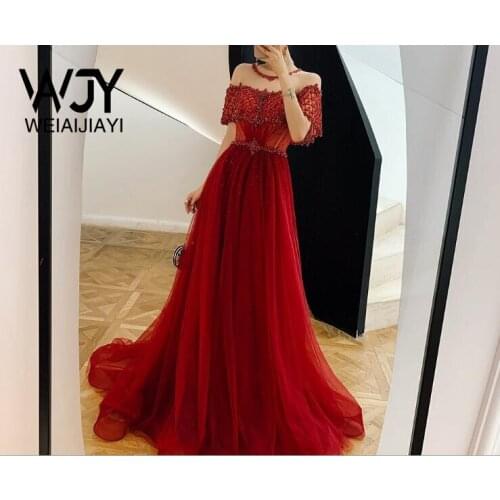 Heavy Handmade A Line Scoop Neck Beading Red Prom Dresses Tulle Short Sleeve Girl Lady Pageant Party Dress Floor Length