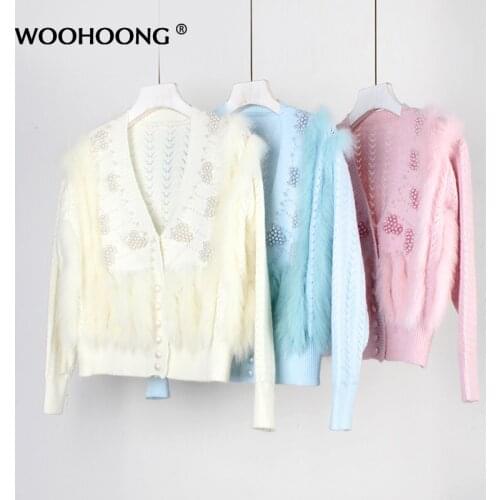 Autumn Winter New Womens Vertical Stripes Fox Fur Jacket Knitted Sweater Leather Grass Cardigan Womens Short Pearl Decoration