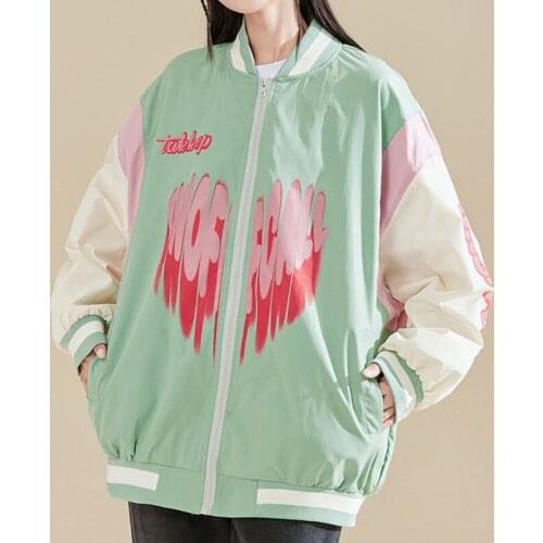 VSUE Women Causal Oversize Boyfriend Stand Collar Spliced Heart Print Loose Zipper Baseball Bomber Jacket Outwear Coat C3007