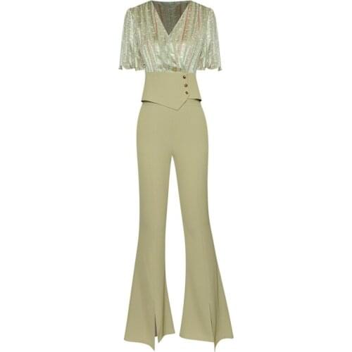 Ladies Two Pieces Outfits Clothes Set Green/Black Deep V Neck Blouses + Full Length Long Trousers Flared Pants