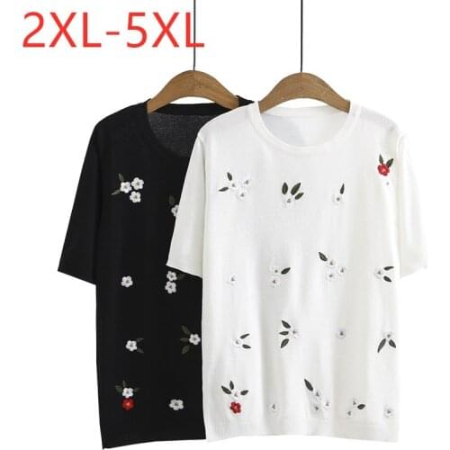 New 2021 Ladies Summer Plus Size Knit Tops For Women Large Short Sleeve Slim Floral Embroidery O-neck T-shirt 2XL 3XL 4XL 5XL