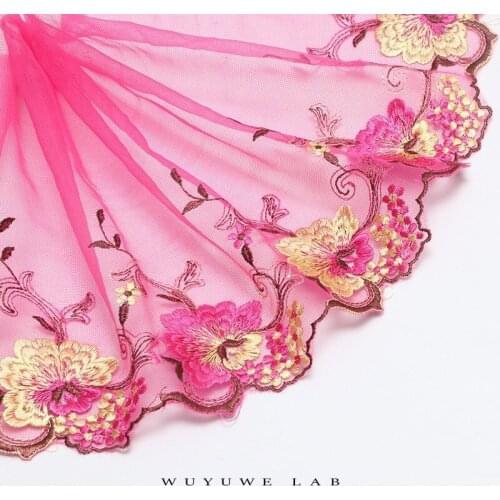 2yards pink rose red Flowers Embroidered Mesh Lace Fabric Trims Sewing DIY Garment Handmade Craft Decoration Costume Material