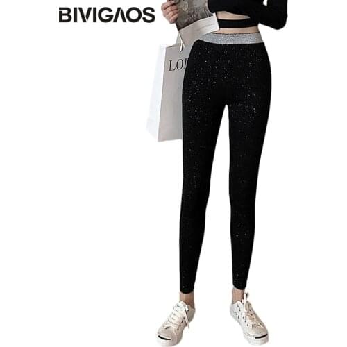 BIVIGAOS 2020 New Korean Bright Silk Cotton Leggings Women High Waist Chic Sequin Bling Thread Elastic Slim Leggings Pencil Pant