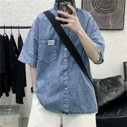 Washed Denim Short Sleeve Shirts Summer Oversize Five-point Sleeve Tops Loose Hiphop Streetwear Jacket Retro Male Clothes Thin
