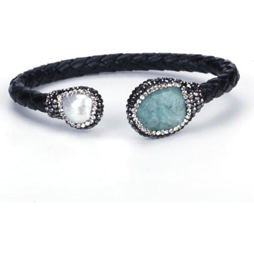 Rough Freshwater Pearl Lake Blue Semi Precious Stone Charm Black Real Leather Wrap Adjustable Open Bracelet Cuff Bangle Women