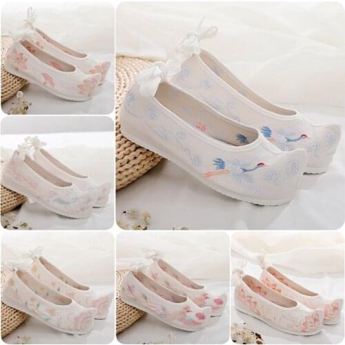 Hanbok Shoes Womens Ancient Elevator Everted Toe Embroidered Shoes National Style Matching Ancient White Lace-up Bow Shoes