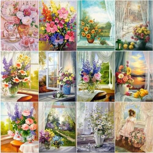 CHENISTORY Painting By Number Window Flowers Drawing On Canvas Handpainted Painting Art Gift Pictures By Number Girl Kits Home