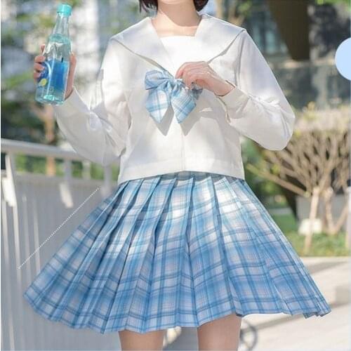 NEW Japanese JK Uniform Two Piece Set Women White Long Sleeve Shirts+Blue Plaid Mini Skirt Preppy Style Send Bow Tie 3 Piece Set