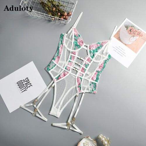 Lace Harness Bodysuit Embroidery Flowers Mesh Gauze Perspective Womens Underwear Erotic Lingerie Underwire Gather Bra Garter